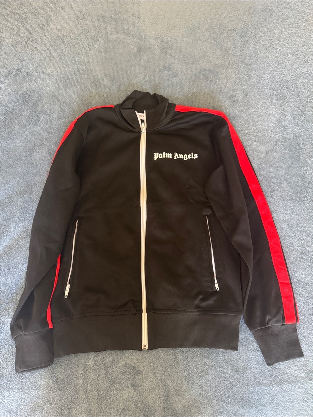 Palm Angels Black Track Jacket with Red Sleeve Stripes